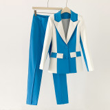 Blue and white suit outerwear for women's spring wear, high-end sense of leisure, 2023 new fashion temperament, professional suit pants set