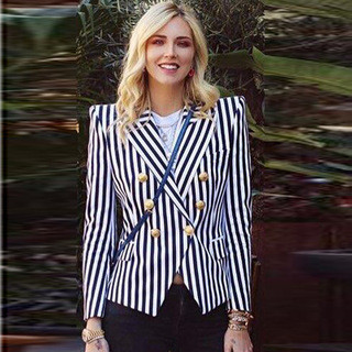 Autumn Korean Edition Retro Striped Suit Coat Women's Slim Fit Casual Suit Top Double breasted Suit Europe and America