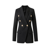 New Double breasted European and American Vintage Pure Black Amazon Waist Slim Fit Commuter Suit Collar Coat