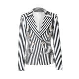 Autumn Korean Edition Retro Striped Suit Coat Women's Slim Fit Casual Suit Top Double breasted Suit Europe and America