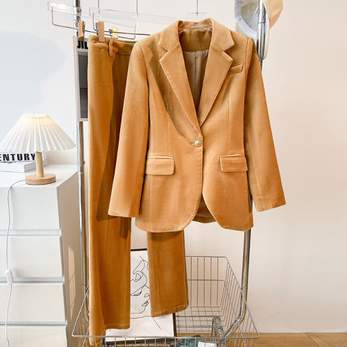 Spring and Autumn New One Button Suit Set Trouser Lapel Irregular Simple Camel Suit+Pants Female