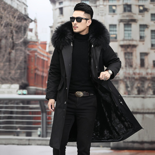 Haining Winter New Men's Pie Overcoming Coat, Coat, Mink Fur, Grass Inner Tank, Knee Over Hooded Youth