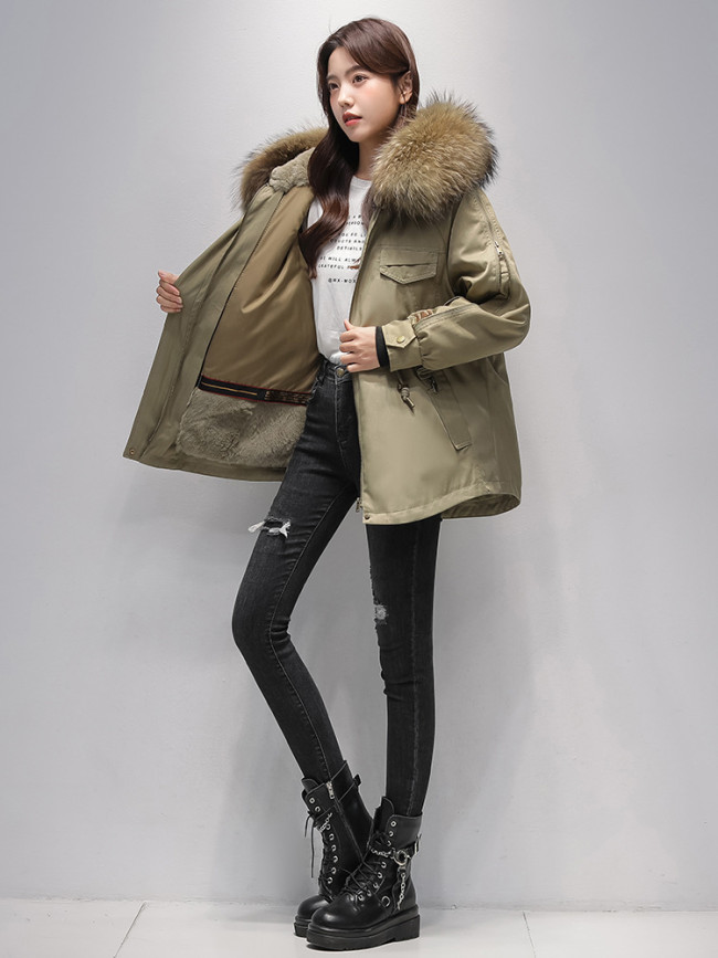 Pai Overcomes Women's Winter Popular Rex Rabbit Fur Inner Liner Detachable Fur Integrated Fur Coat Women's Mid length