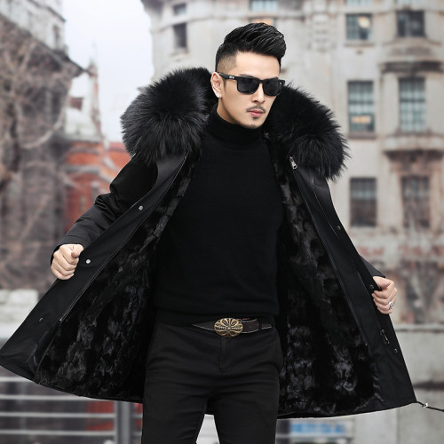 Haining Pai Overcomes Men's Fur Winter Long Mid length Fur One Piece Thickened Mink Fur Men's Mink Coat