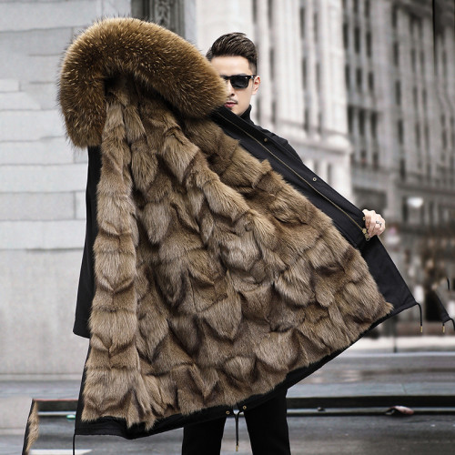 Haining imported fox fur inner liner detachable pie overcomes men's winter fur coat fur integrated men's mid length style