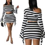 New Design Wholesale Print Asymmetric Shoulder Long Sleeve Crop Top Skirt Set For Women Sehe Fashion