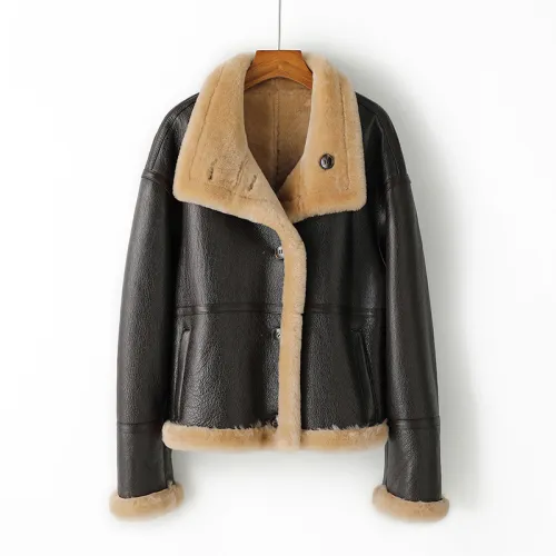 Merino fur integrated women's jacket Winter fur jacket Women's motorcycle jacket High end young style
