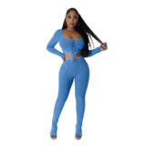 K10649 High Quality Rib Knit Fabric Long Sleeve Crop Tops And Gym Leggings Fitness 2 Piece Sweat Pants Set Women Clothes