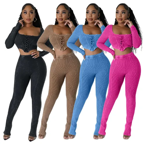 K10649 High Quality Rib Knit Fabric Long Sleeve Crop Tops And Gym Leggings Fitness 2 Piece Sweat Pants Set Women Clothes