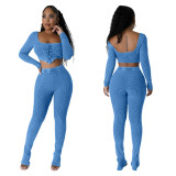 K10649 High Quality Rib Knit Fabric Long Sleeve Crop Tops And Gym Leggings Fitness 2 Piece Sweat Pants Set Women Clothes