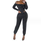 New Arrival 2023 Long Sleeve Legless Bodysuits And Ankle Pants Fall Women Clothes Ribbed Strapless Top Two Piece Set
