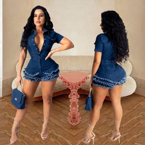 New Product Clothing Wholesale Button Short Sleeve Tight Fitting Jumpsuit Ruffles Denim Jumpsuit Women