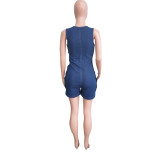Hot Selling Sexy Slim One Piece Short Jumpsuit Double Breasted Sleeveless Denim Rompers