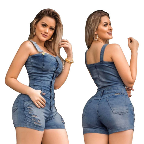 Wholesale Summer Denim Sleeveless Overalls Women Shorts Ripped Distressed One Piece Jumpsuit