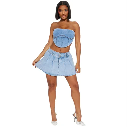 High Quality Trendy Denim Pleated Mini Skirt Fashion High Waist Sexy Club Pleated Package Hip Jean Skirt For Women