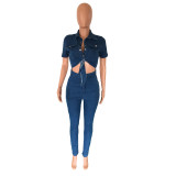 High Quality Summer Short Sleeves Denim Pants Jumpsuit Turndown Collar Hollow Out Bodycon Women'S Jeans Jumpsuit