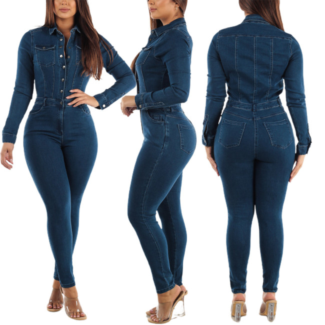 Women Fall FashionWomen Juniors Washed Denim Long Sleeve Button Up Jumpsuit