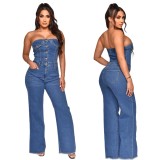 New Arrivals Women Blue Denim Jumpsuit Sexy Strapless Off Shoulder Buttons Wide Leg Full Length Denim Jumpsuit