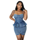 Cotton Women Jeans Dress Ladies Solid Summer Sexy Halter Jeans Dress with Zipper Mini Casual Dress for Mujer