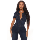 Factory Supply V-Neck Button Stretchy Denim Wide Straight One Piece Jumpsuit Women Sehe Fashion