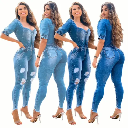 New Arrival Women Ruffled Puff Sleeves Stylish Casual Sexy Denim Ripped Jumpsuit Lady Clothing