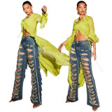 3XL Distressed Women Broken Hole Jeans High Street Hip Hop High Waist Micro Flare Loose Trousers Washed Ripped Jeans Pants