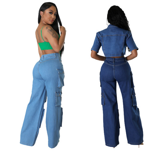 Cross border Amazon Hot Selling Multi Bag New Organ Bag Jeans Wide Leg Pants Retro Casual Pants Workwear Pants