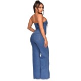 New Arrivals Women Blue Denim Jumpsuit Sexy Strapless Off Shoulder Buttons Wide Leg Full Length Denim Jumpsuit