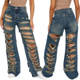 3XL Distressed Women Broken Hole Jeans High Street Hip Hop High Waist Micro Flare Loose Trousers Washed Ripped Jeans Pants