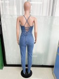 Dropship agent 2023 fall clothes sexy one piece backless lace up denim jeans women jumpsuit