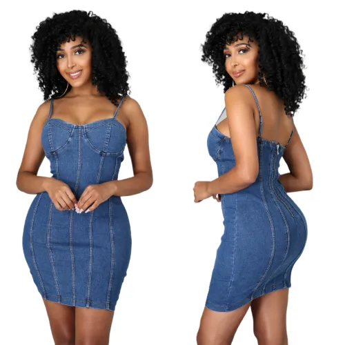 New Trend Short Sleeveless Women Latest Design Dress Summer Casual Sexy Denim Dresses for Ladies