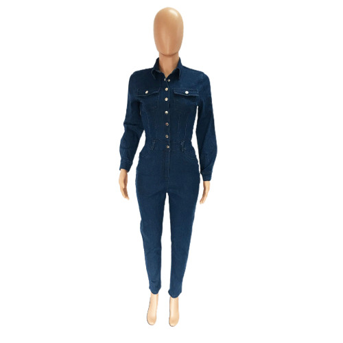 Women Fall FashionWomen Juniors Washed Denim Long Sleeve Button Up Jumpsuit
