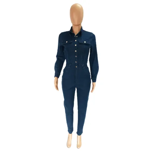 Women Fall FashionWomen Juniors Washed Denim Long Sleeve Button Up Jumpsuit