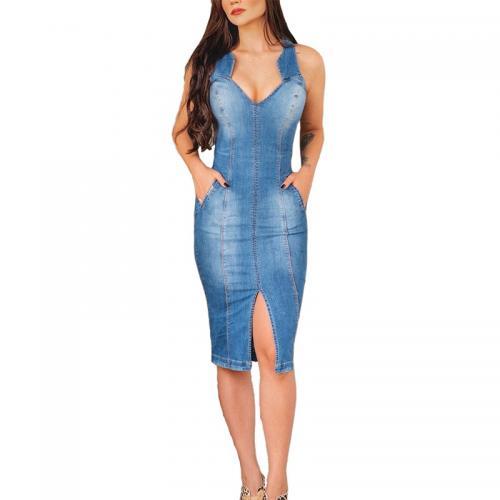 sexy Slim front slit Jeans Dress Polyester deep V sleeveless women denim dresses light blue 641008
