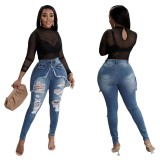 new arrivals chic jeans mujer fashion ripped hollow out denim pencil pants women slim fit causal trousers