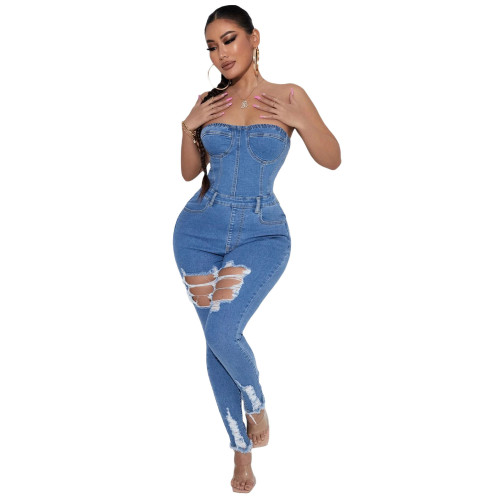 Wholesale Sleeveless Hollow Out  Denim One Piece Jumpsuit Women Sehe Fashion