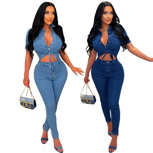 High Quality Summer Short Sleeves Denim Pants Jumpsuit Turndown Collar Hollow Out Bodycon Women'S Jeans Jumpsuit