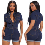 European and American women's new fashion denim women's slim fitting personalized folding denim jumpsuit