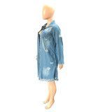 Vintage Women Cutout Hollow Out Back Long Sleeve Single Breasted Asymmetrical Hem Denim Coat 2023 Fashion Jean Jacket