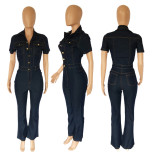Factory Supply V-Neck Button Stretchy Denim Wide Straight One Piece Jumpsuit Women Sehe Fashion
