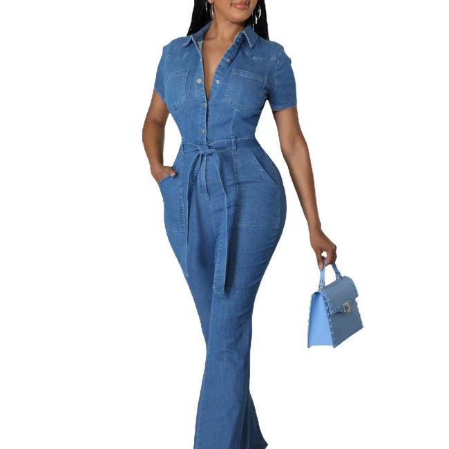 Women's formal clothing denim shirt jumpsuit belt short-sleeved classic jean jumpsuit