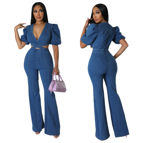 high quality puff sleeve v neck hollow out denim jumpsuits sexy ladies elegance jean outfits