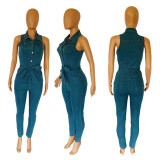 Street Style Casual Solid Color Sleeveless Denim Jumpsuit Women With Belt Sehe Fashion