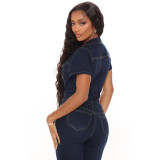 Factory Supply V-Neck Button Stretchy Denim Wide Straight One Piece Jumpsuit Women Sehe Fashion
