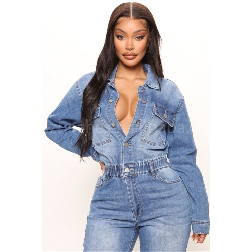 Ready To Ship S-3xl Long Sleeve One Piece Denim Jeans Jumpsuits Fashion Women Playsuits Bodysuits