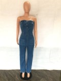 New Arrivals Women Blue Denim Jumpsuit Sexy Strapless Off Shoulder Buttons Wide Leg Full Length Denim Jumpsuit