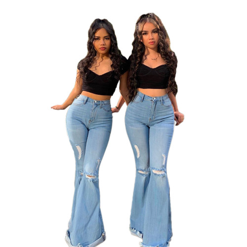 Fashion Denim Flare Pants Women Retro Ripped Jeans Wide Leg Trousers Lady Casual Bell-Bottoms Flare Pant Female