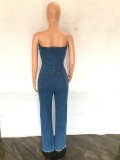 New Arrivals Women Blue Denim Jumpsuit Sexy Strapless Off Shoulder Buttons Wide Leg Full Length Denim Jumpsuit