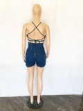 High Quality Women's Bodycon Denim Romper Jumpsuits Sexy Dark Blue Off Shoulder Backless Lace Up Summer Denim Jumpsuit