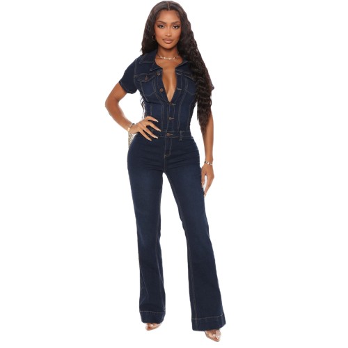 Factory Supply V-Neck Button Stretchy Denim Wide Straight One Piece Jumpsuit Women Sehe Fashion